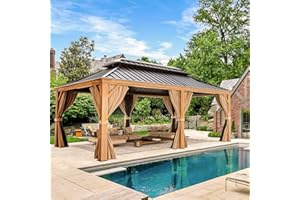 YOLENY 12' x 20' Gazebo, Hardtop Gazebo Wood-looking Gazebo with Galvanized Steel Double Roof, Aluminum Frame, Outdoor Patio Hardtop Gazebo with Netting and Curtains for Deck, Backyard, Patio, Lawns