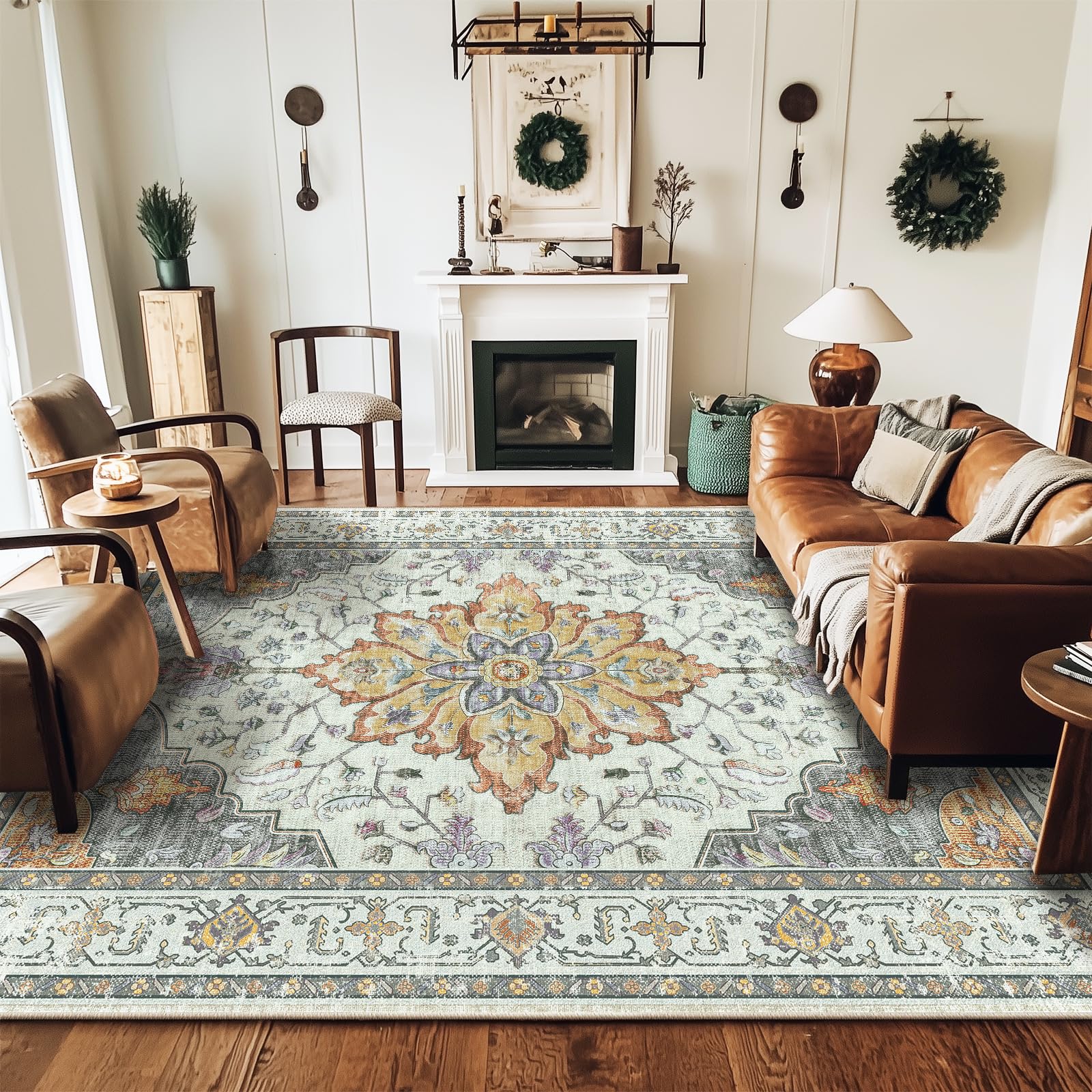 Photo 1 of RELEANY Area Rugs 5'x8' Washable Non-Slip, Floral Vintage Distress Print Pattern Medallion Carpet for Living Room Bedroom Dining Room, Light Yellow Carbon Grey Orange