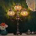 Marrakech Moroccan Mosaic Lamps Turkish Table Lamps, Handmade 3 Globes Turkish Light with Glass Shard and Bronze Base Including 3 LED Bulbs for Living Room Bedroom Decor (Coloful)