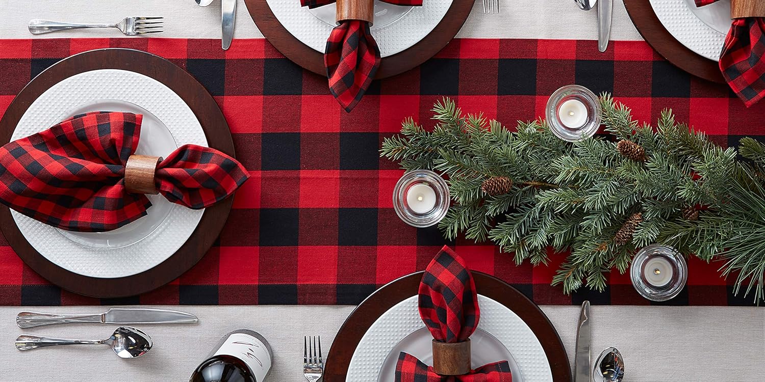 DII Classic Buffalo Check Tabletop Collection for Family Dinners, Special Occasions, Barbeques, Picnics and Everyday Use, 100% Cotton, Machine Washable, Table Runner, 14x72, Red & Black: Home & Kitchen