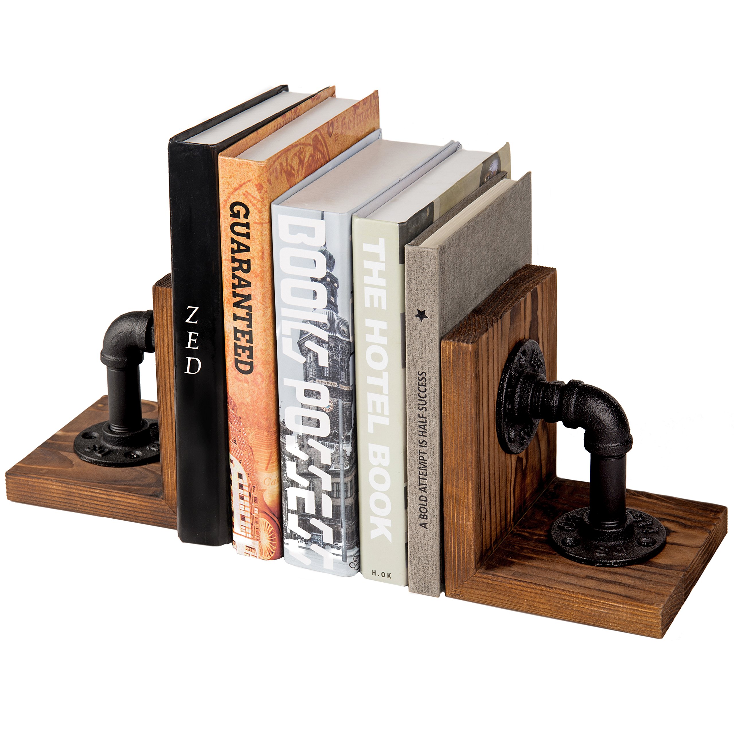 MyGift Rustic Brown Wood Bookends With Realistic Industrial Pipe Design