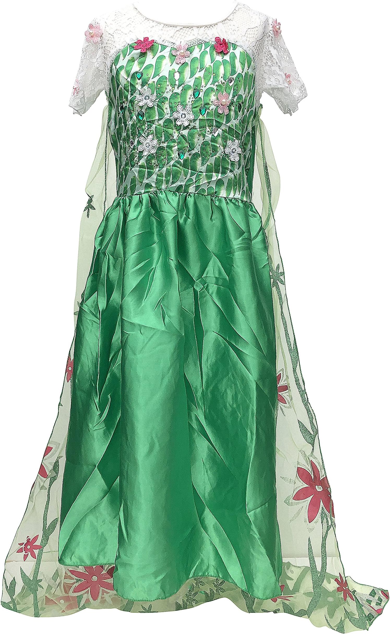 La Señorita Elsa Frozen Fever Dress green with flower cape + FREE Frozen necklace (10-11 years - size 150, green)
