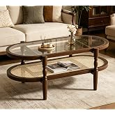 Ammora Living Rattan Coffee Table, Oval Cocktail Table with Glass Top and Solid Wood Frame, Boho Indoor &amp; Outdoor Coffee Table, Walnut, 40 in