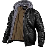 CREATMO US Men's Faux Leather Jacket Motorcycle Jacket Waterproof Windproof PU Moto Vintage Bomber Hoodie with Removable Hood