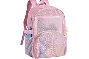 BUSIUW Heavy Duty Mesh Backpack for School, 30L Extra Large See Through Mesh Bookbag for Adults with Comfort Padded Straps for School, Beach, Swimming, Fitness, Sports(Pink)