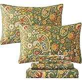 FADFAY Paisley Sheets Set King Bohemian Damask Paisley Bedding Luxurious Green Boho Paisley Bed Sheet Set Breathable Cotton Ultra Soft 17.5'' Deep Pocket Fitted Sheet 4Pcs, King Size