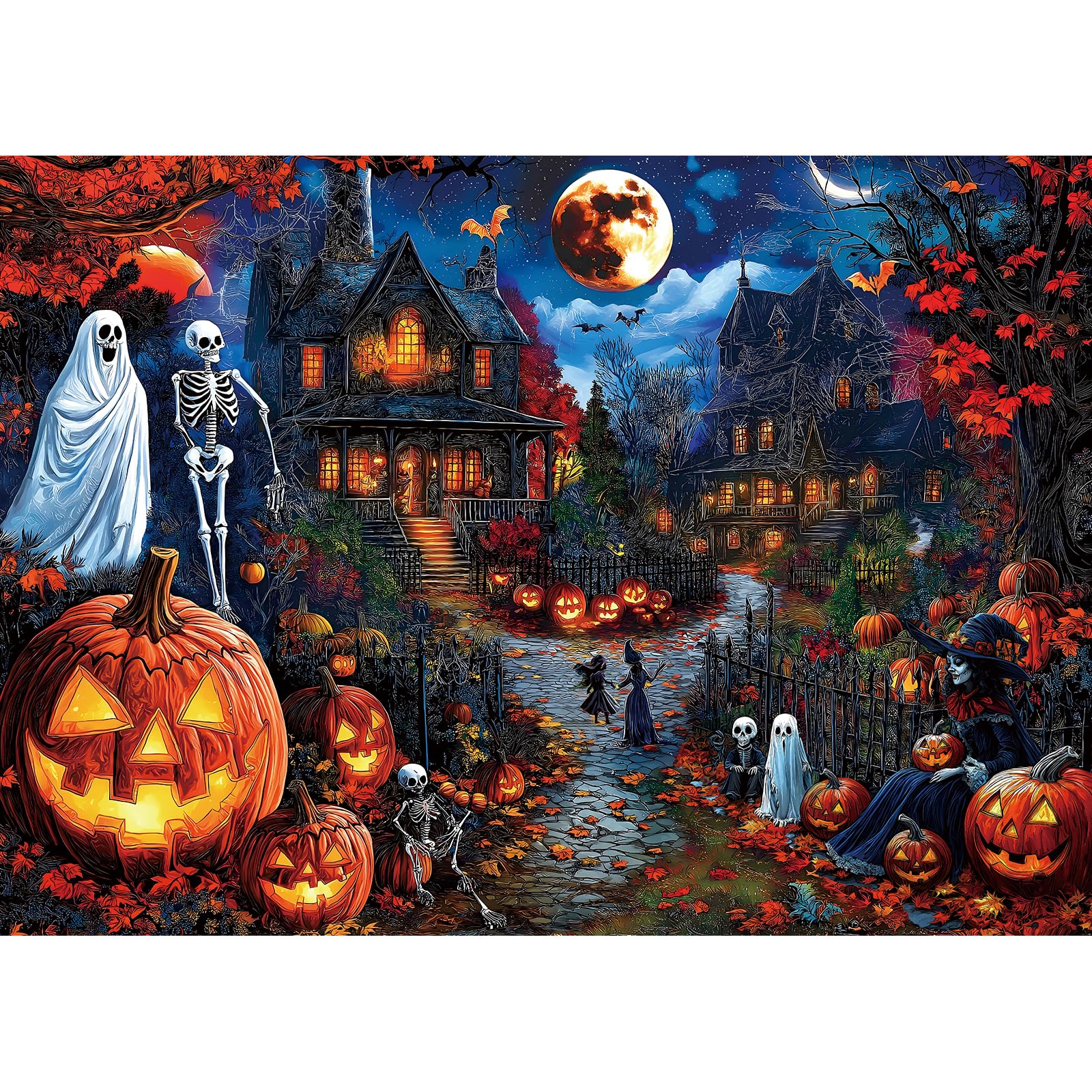 Photo 1 of Blueforest Halloween 1000 Piece Jigsaw Puzzle for Adults - Spooky Ghosts, Skeletons, Pumpkins, Witch & Haunted House Puzzle, Challenging Fun Adult Puzzles for Relaxation, Decor & Gifts