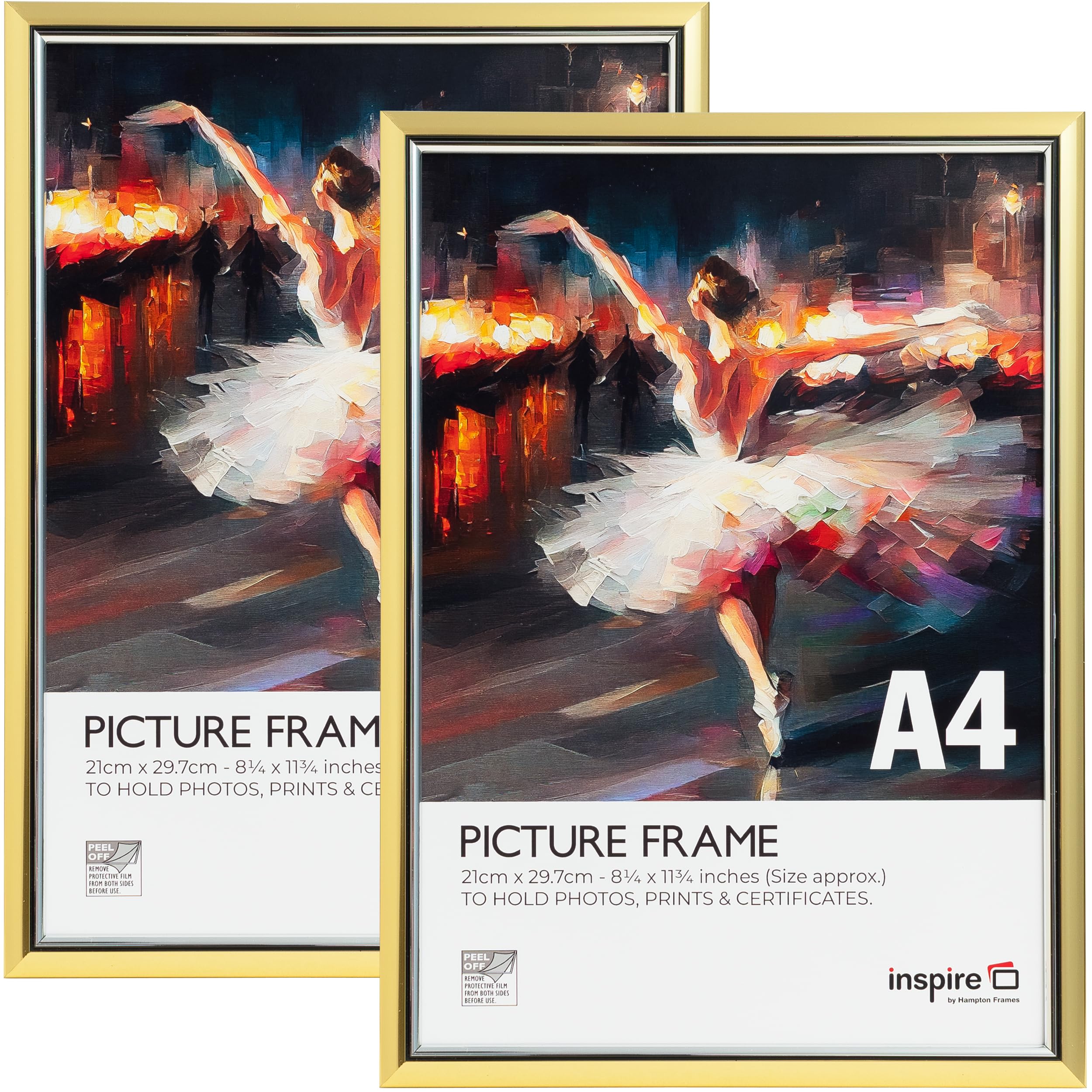 inspire by Hampton Frames | A4 Picture Poster Frame 2-Pack, 21x30cm, Gold, Acrylic (Non-Glass) | Easy Loader Design, Lightweight, Wall or Tabletop Display | Modern Home Décor Solution