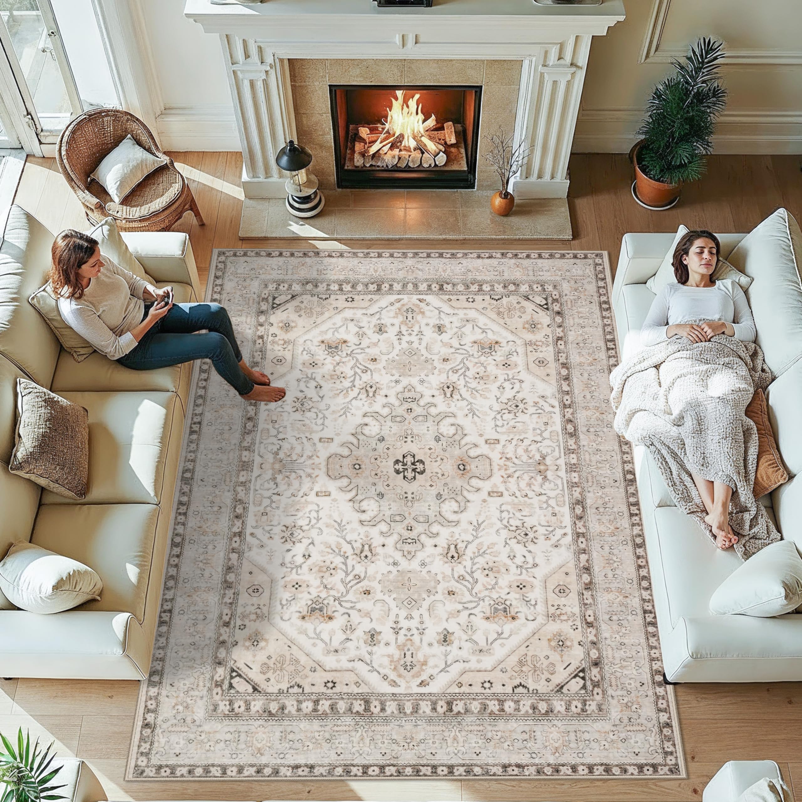 7x9 Area Rug Living Room: Washable Soft Oriental Vintage Farmhouse Rugs - Non-Slip Backing Thin Stain Resistant Large Indoor Carpet for Bedroom (7x9 Ivory/Multi) Image