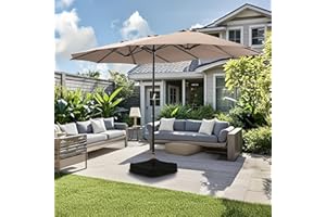 Caprihom 15ft Patio Umbrella with Base Included, Double Sided Outdoor Large Rectangular Patio Umbrella with Crank Handle, for Lawn Garden, Khaki