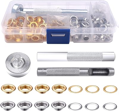 kuou Grommet Kit 100 Sets 1/4 Inch Eyelets Punch Kit Gold Silver