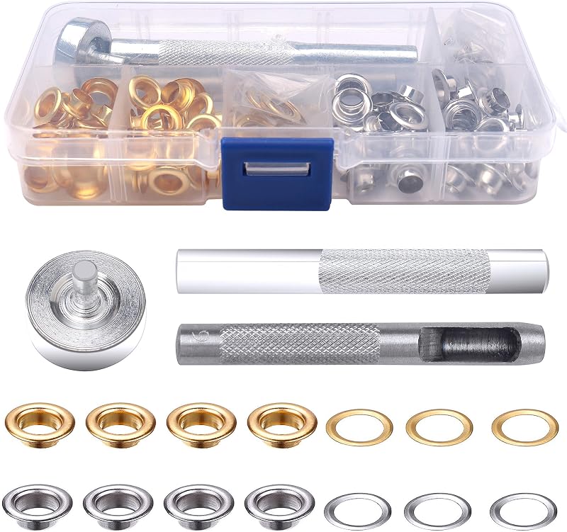 kuou Grommet Kit 100 Sets 1/4 Inch Eyelets Punch Kit Gold Silver