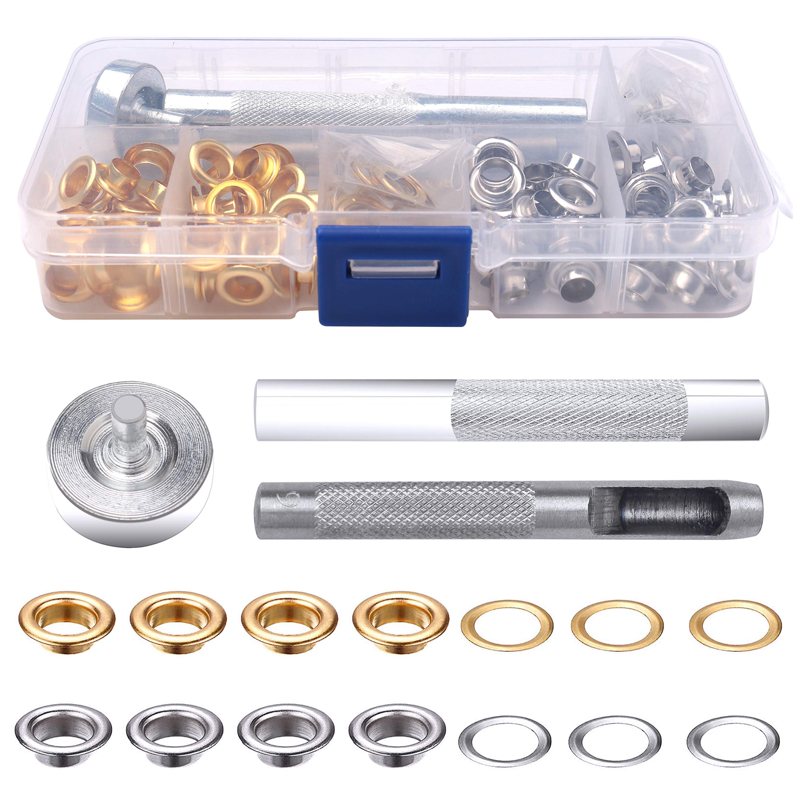 Grommet Kit, kuou 100 Sets 1/4 Inch Eyelets Punch Kit, Eyelets for Fabric with 3pcs Installation Repair Tools (Gold/Silver)