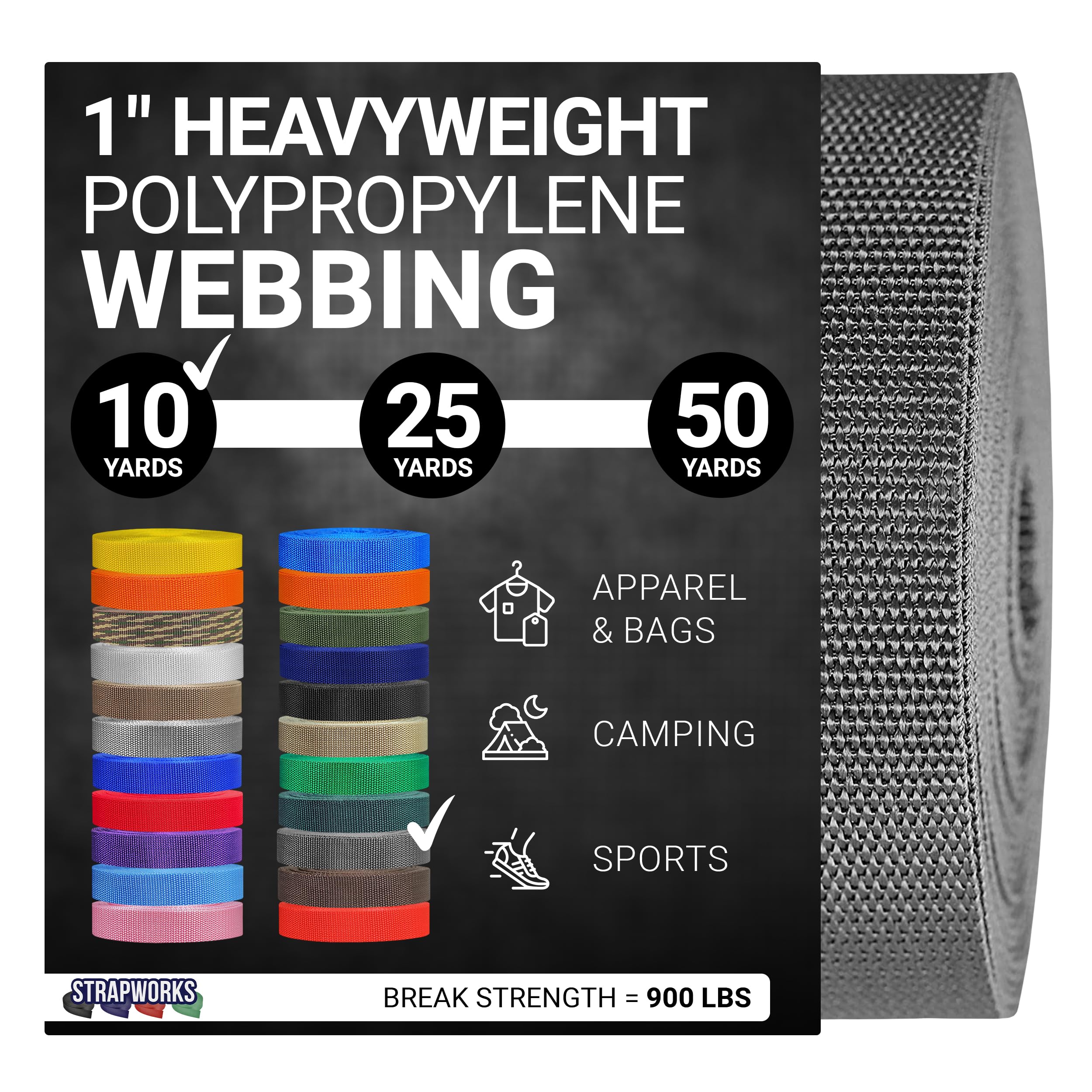 Strapworks Heavyweight Polypropylene Webbing - Heavy Duty Poly Strapping for Outdoor DIY Gear Repair, 1 Inch x 10 Yards - Charcoal