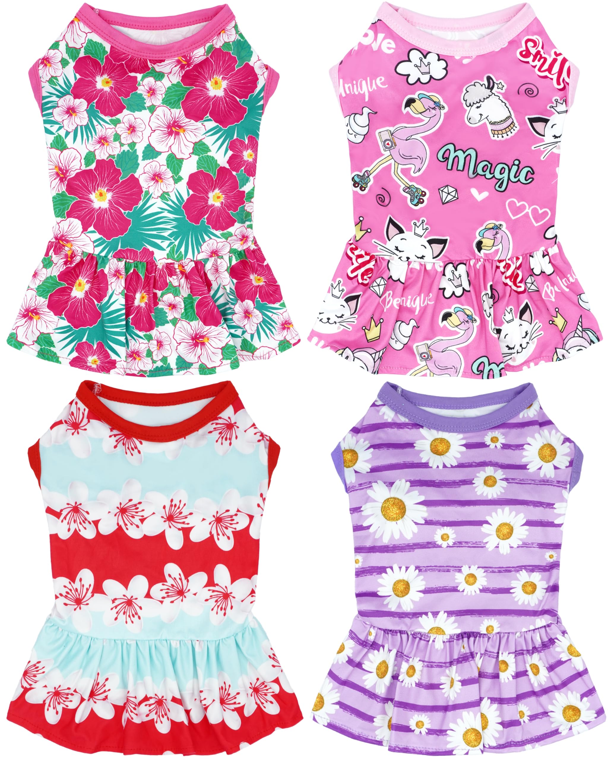 Photo 1 of JpGdn 4PCS Dog Dresses Shirts for Extral Small Dogs Girl Female Pink Purple Red Puppies Doggies Kittens Skirts Summer Clothes Pet Apparel Floral Sundress Small Daisy Unicorn Stretchable Outfit XS