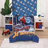 NoJo Marvel Spiderman to The Rescue Red, White, and Blue 4 Piece Toddler Bed Set - Comforter, Fitted Bottom Sheet, Flat Top Sheet, and Reversible Pillowcase