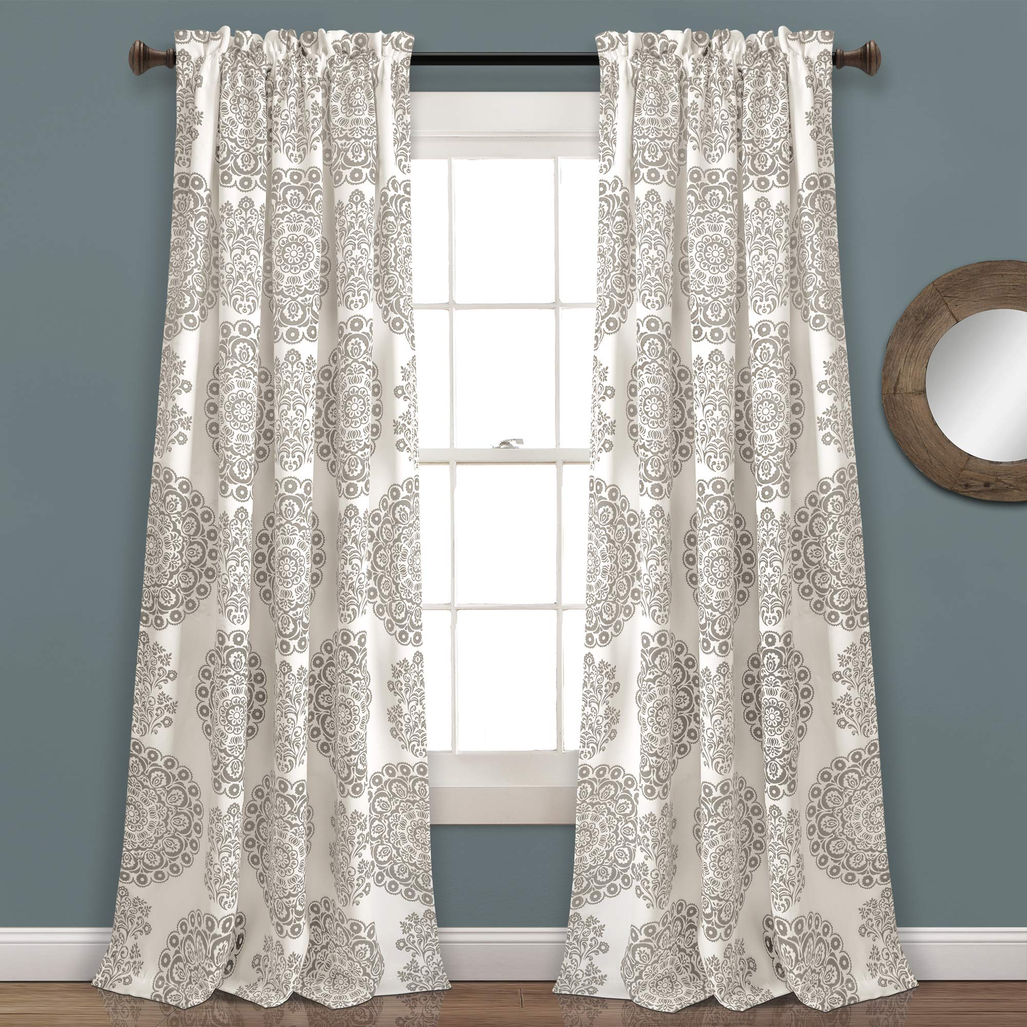 Lush Decor, Gray Evelyn Medallion Room Darkening Window Curtain Panel Pair, 95" x 52" + 2" Header, 95 in x 52