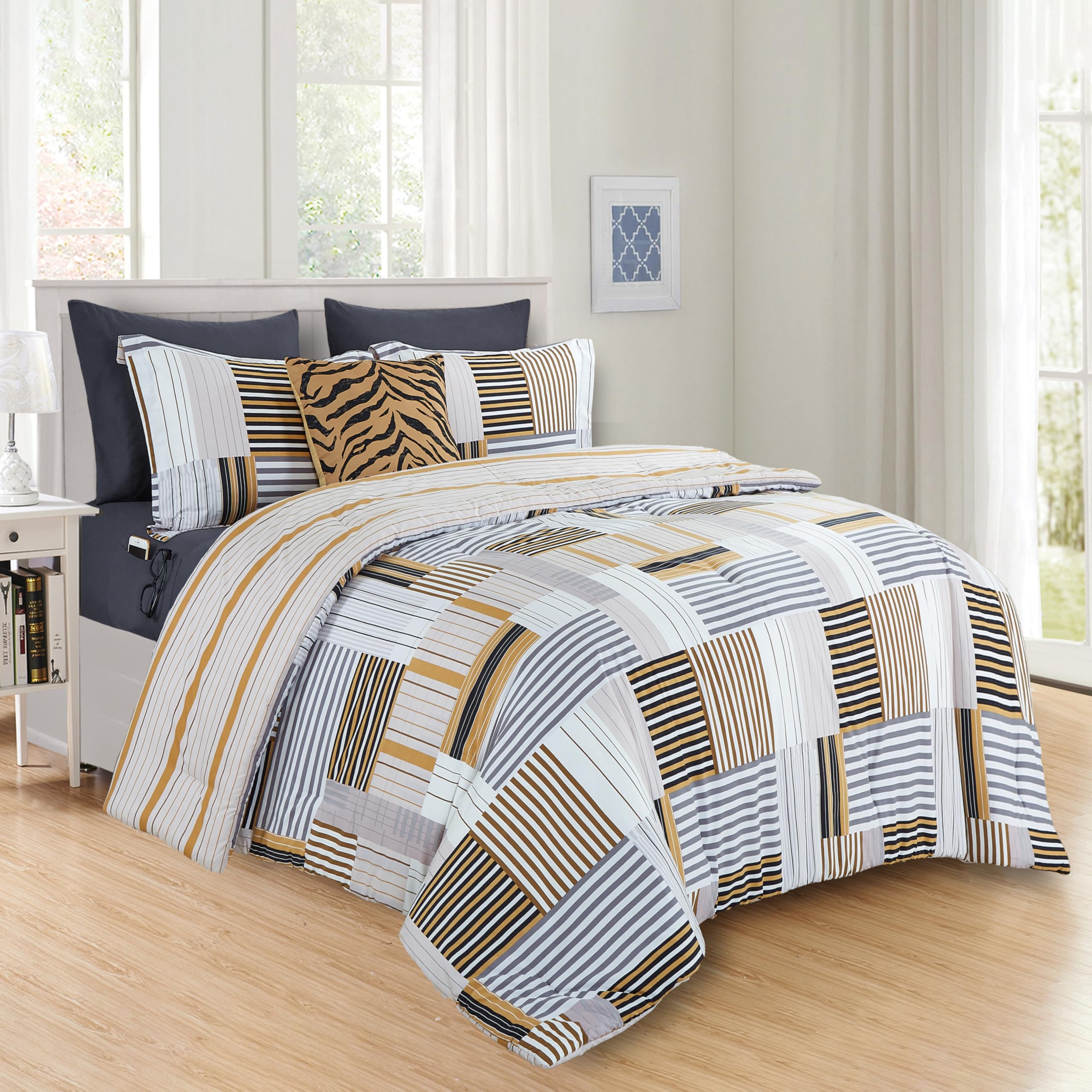 Elegant Comfort 8- Piece Animal Print Patch Reversible Comforter Set Bed-in-a-Bag Set - Silky Soft Complete Set Includes Bed Sheet Set with Double Sided Storage Pockets, King/Cal King, Gold Image