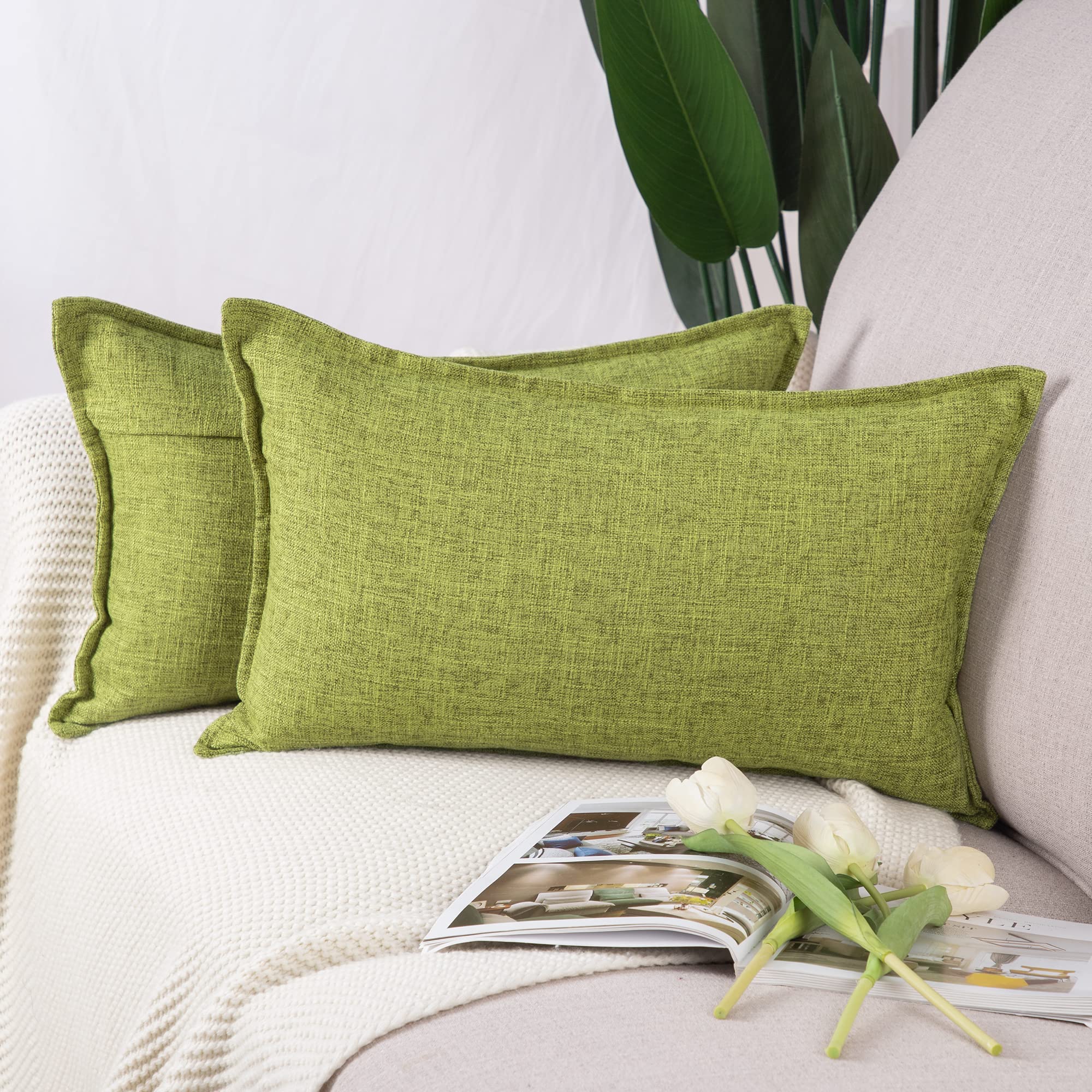 Madizz Set of 2 Faux Linen Cushion Covers 12x20 inch, 30x50 cm, Light Green Soft Decorative Couch Pillows for Bed Pillowcases for Sofa Livingroom Home Decor