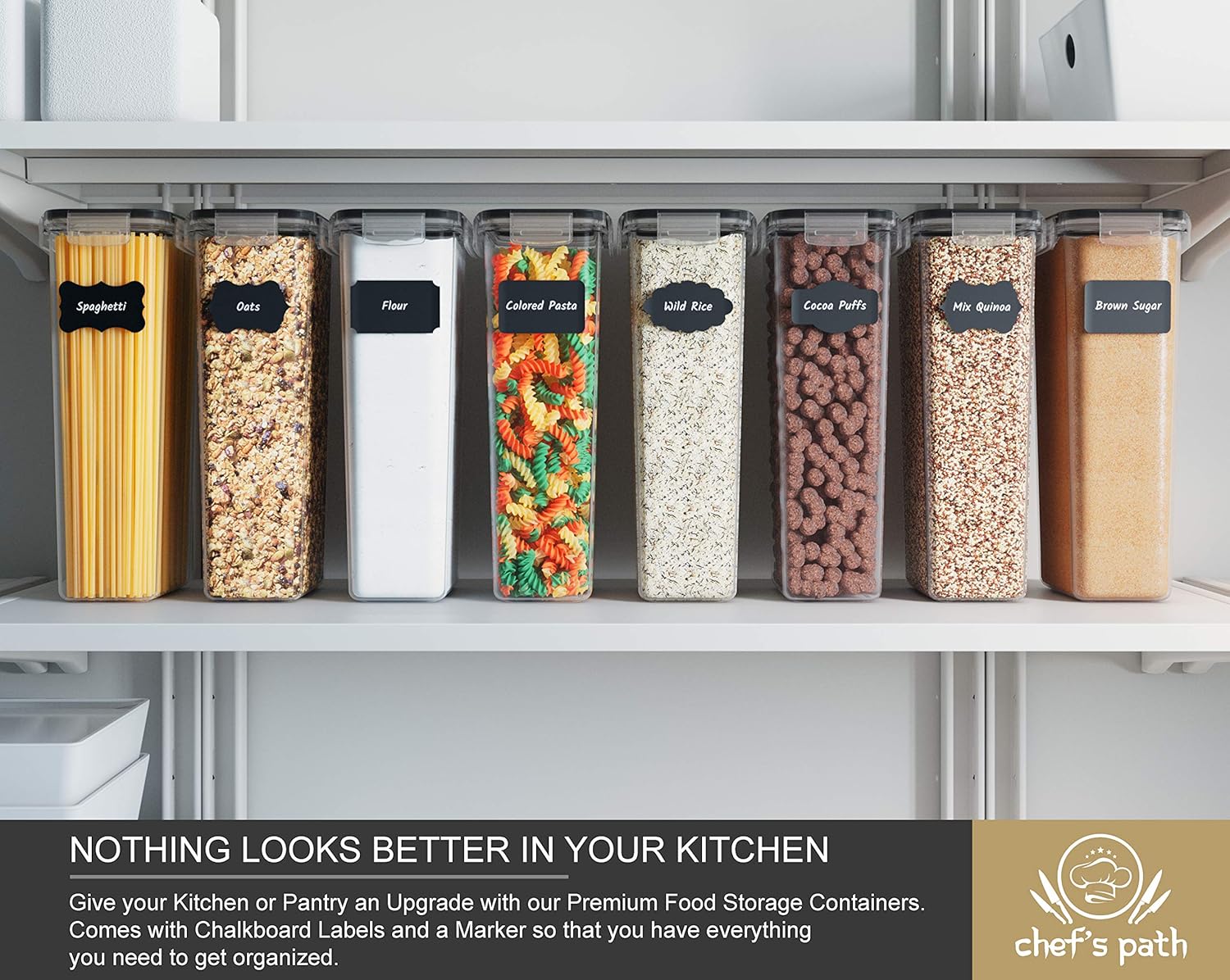 Chef's Path Airtight Tall Food Storage Container Set - Ideal for Spaghetti, Noodles & Pasta - 4 PC/All Same Size - Kitchen & Pantry Organization - Plastic Canisters with Durable Lids (Black): Kitchen & Dining