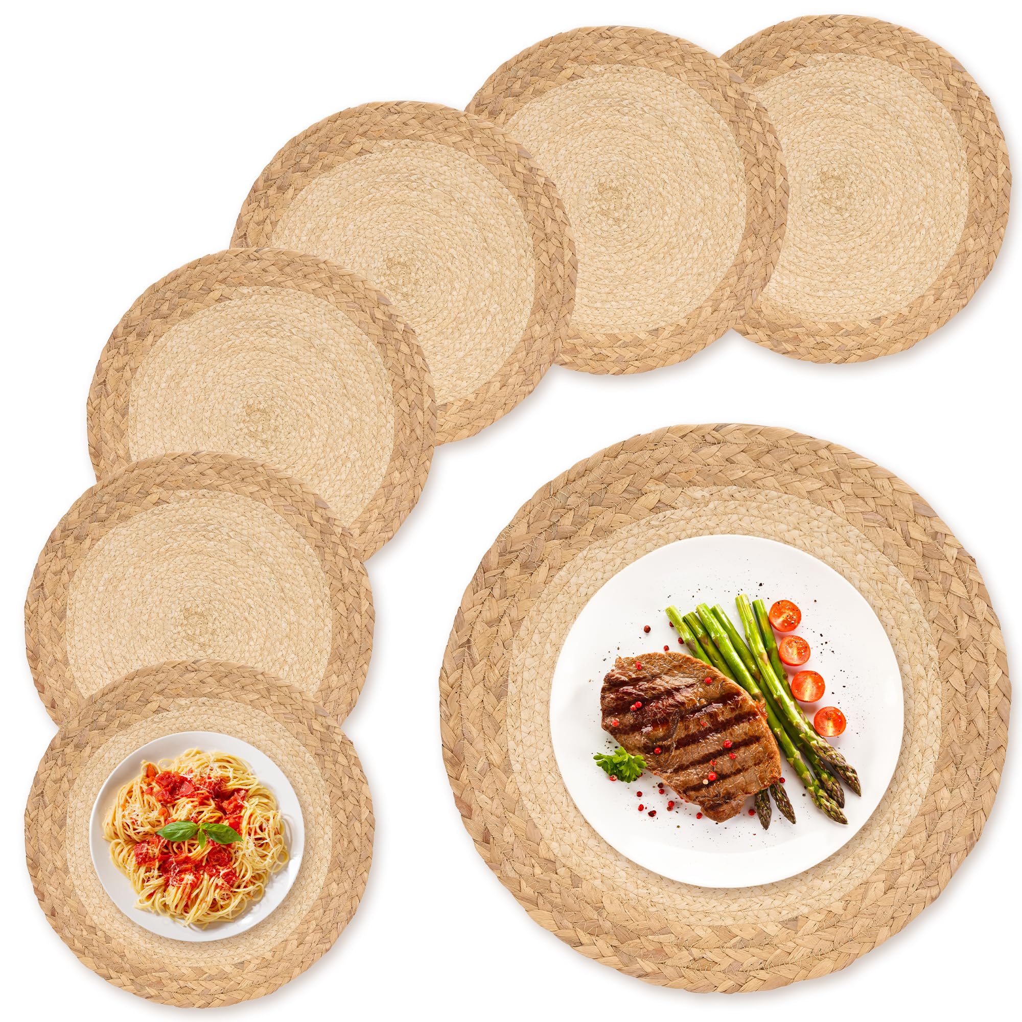 Photo 1 of GENMOUS 13" Round Woven Placemats Set of 6, Natural Water Hyacinth Placemats with Corn Husk, Boho Rattan Chargers for Dinner Plates, Wicker Braided Table Place Mats for Home Wedding Party