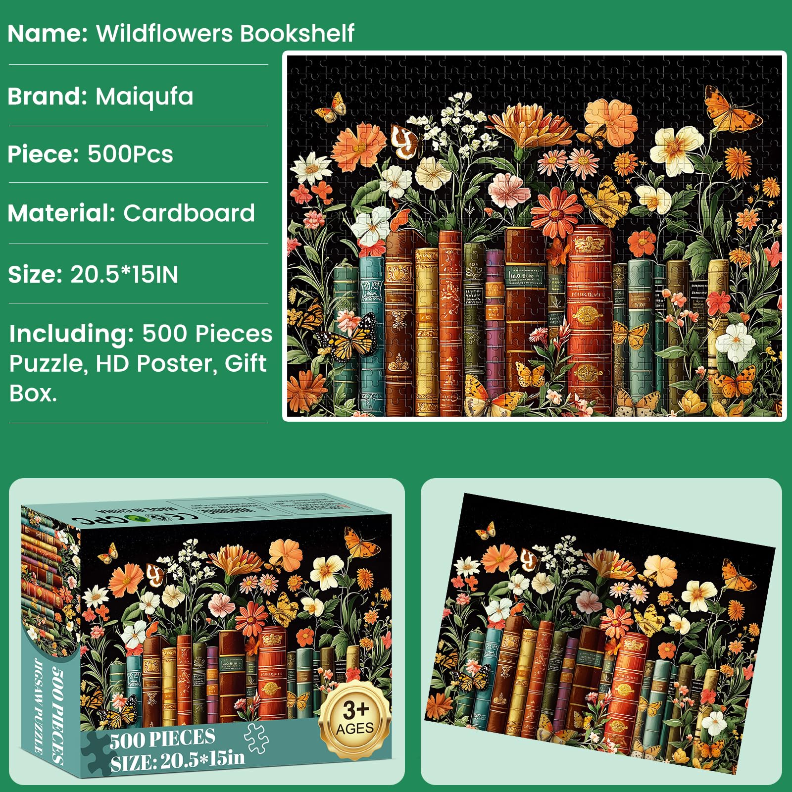 500 Piece Puzzle for Adults | Vintage Wildflowers Books Puzzle | Recycled Cardboard Plant Flowers Jigsaw Puzzle 500 Pieces | Challenging Game Home Decor Birthday Party Gift Toy for Adults Kids Seniors