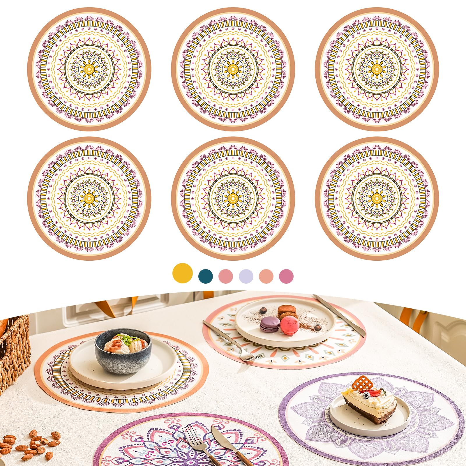 Elistonie Set of 6 Boho Round Placemats Waterproof Textured Vinyl Placemats for Dining Table Heat Resistant Dining Mats Washable Place Mats Mandala Round End Table Mat Bohemian Table Settings (E)