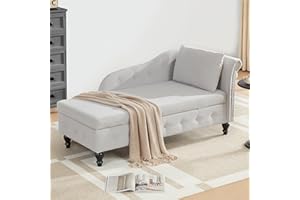 Iroomy Chaise Lounge Indoor with Storage, Modern Nailhead-Trimmed Tufted Lounge Chair, Upholstered Chaise Lounges Couch with Pillow for Living Room, Bedroom, Office, Light Grey, Right Armrest