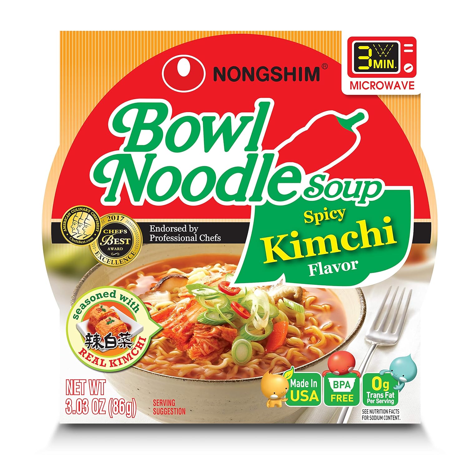 NongShim Bowl Noodle Soup, Kimchi, 3.03 Ounce (Pack of 4)
