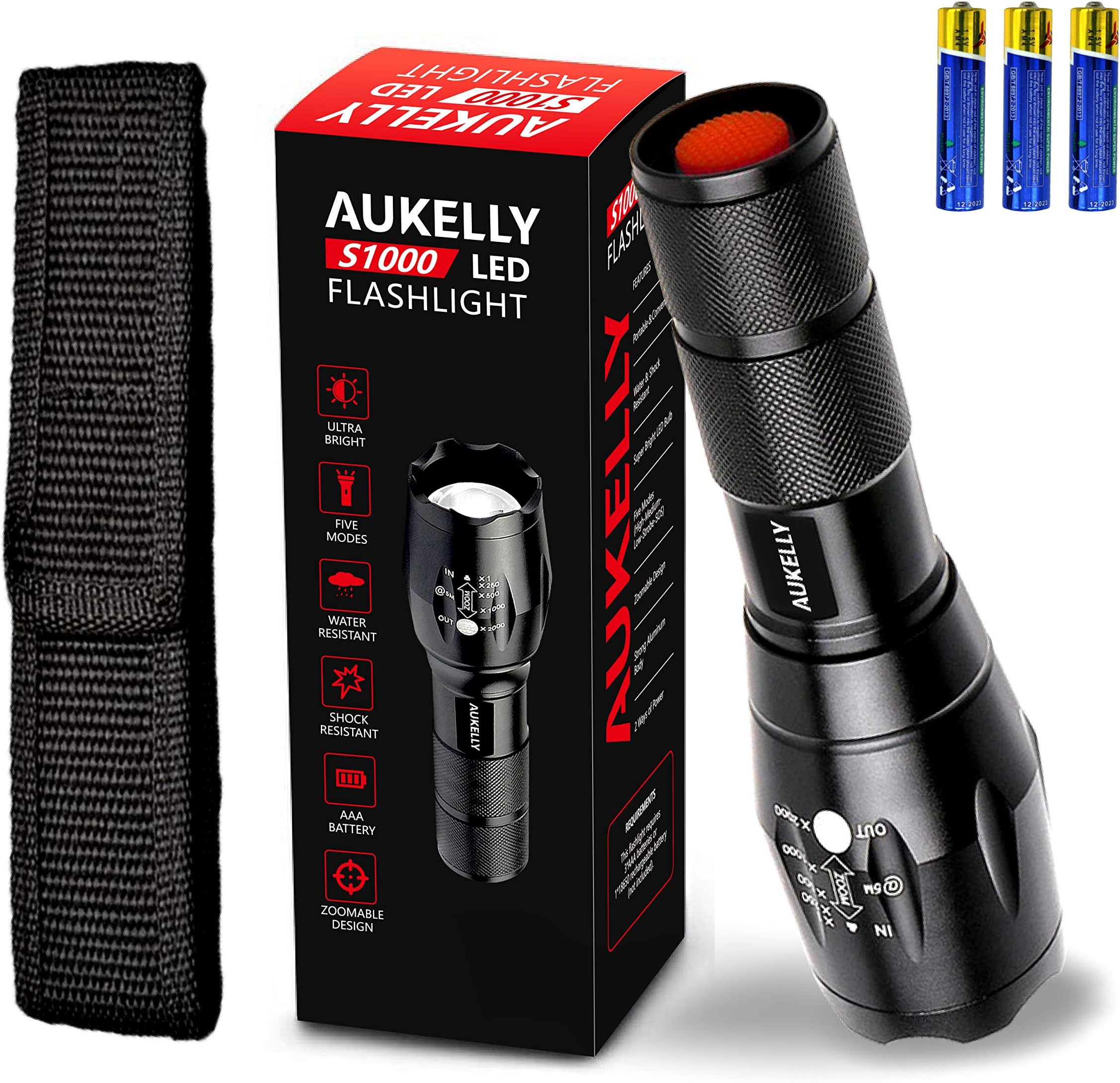 AUKELLY LED Torch Flashlight Tactical Flashlights LED Torch With Pouch 5 Modes Tactical Torch Waterproof Led Handheld Flashlight Super Bright 1000 Lumens for Camping Cycling Hiking in Zoom Function,with Pouch
