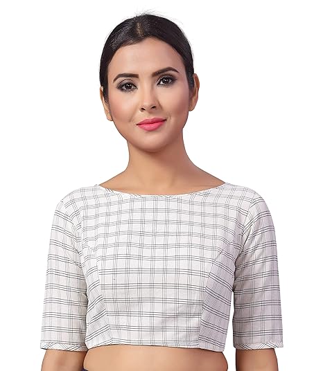 Women's Madras Checks Pure Cotton Saree Blouse