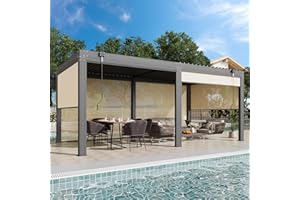 EROMMY 10x20 Louvered Pergola with Side Pull-Down Screen, Outdoor Aluminum Pergola with Thickened Frame and Adjustable Metal Rainproof Roof for Deck Patio Garden Yard, Black-Gray