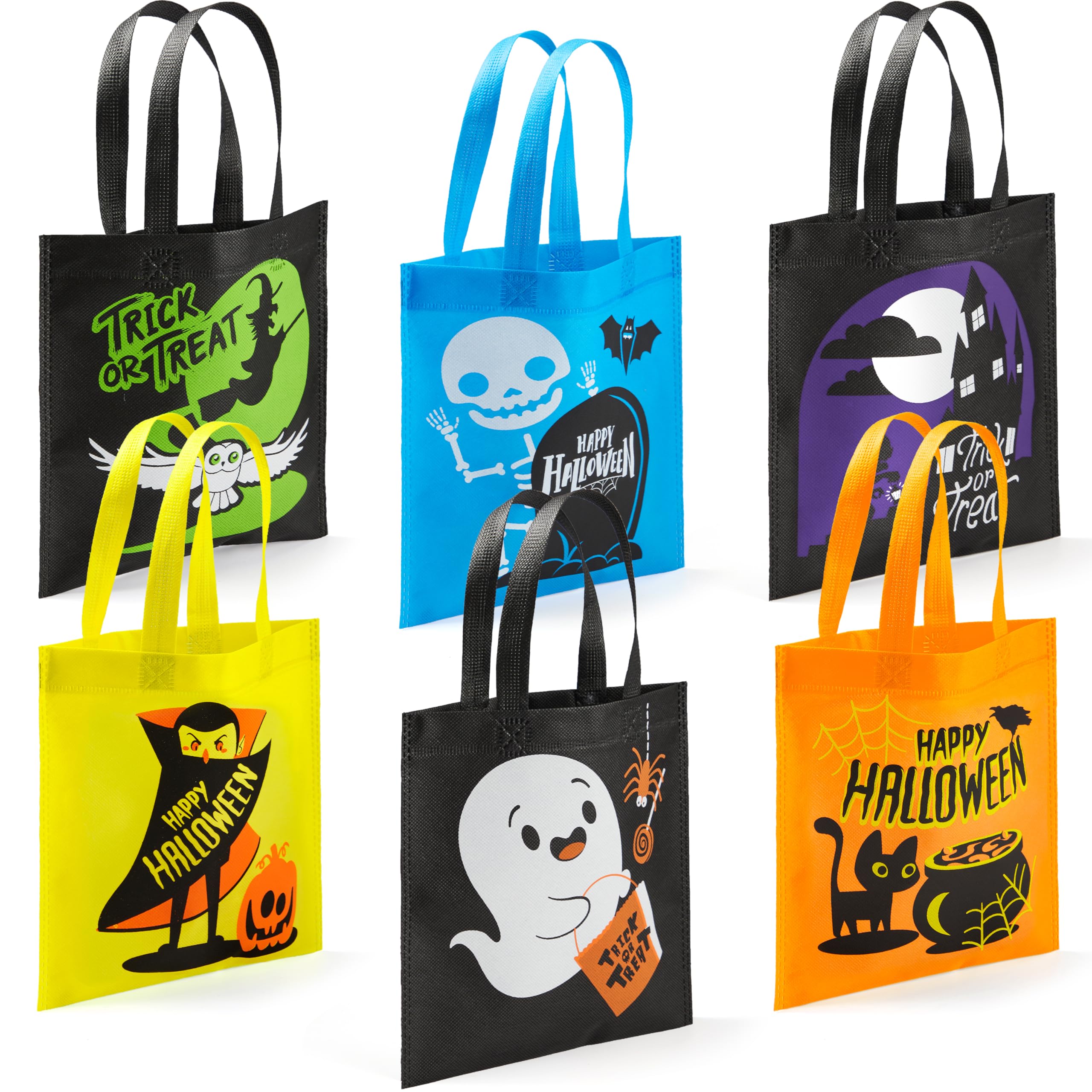 JOYIN 32 Non-Woven Halloween Tote Gift Bags Colorful for Kids, 6 Patterns Design Trick or Treat Bags for Kids Classroom Party Favor Supplies, Reusable Goody Candy Bag, Halloween Snacks Goodie Bag Bulk