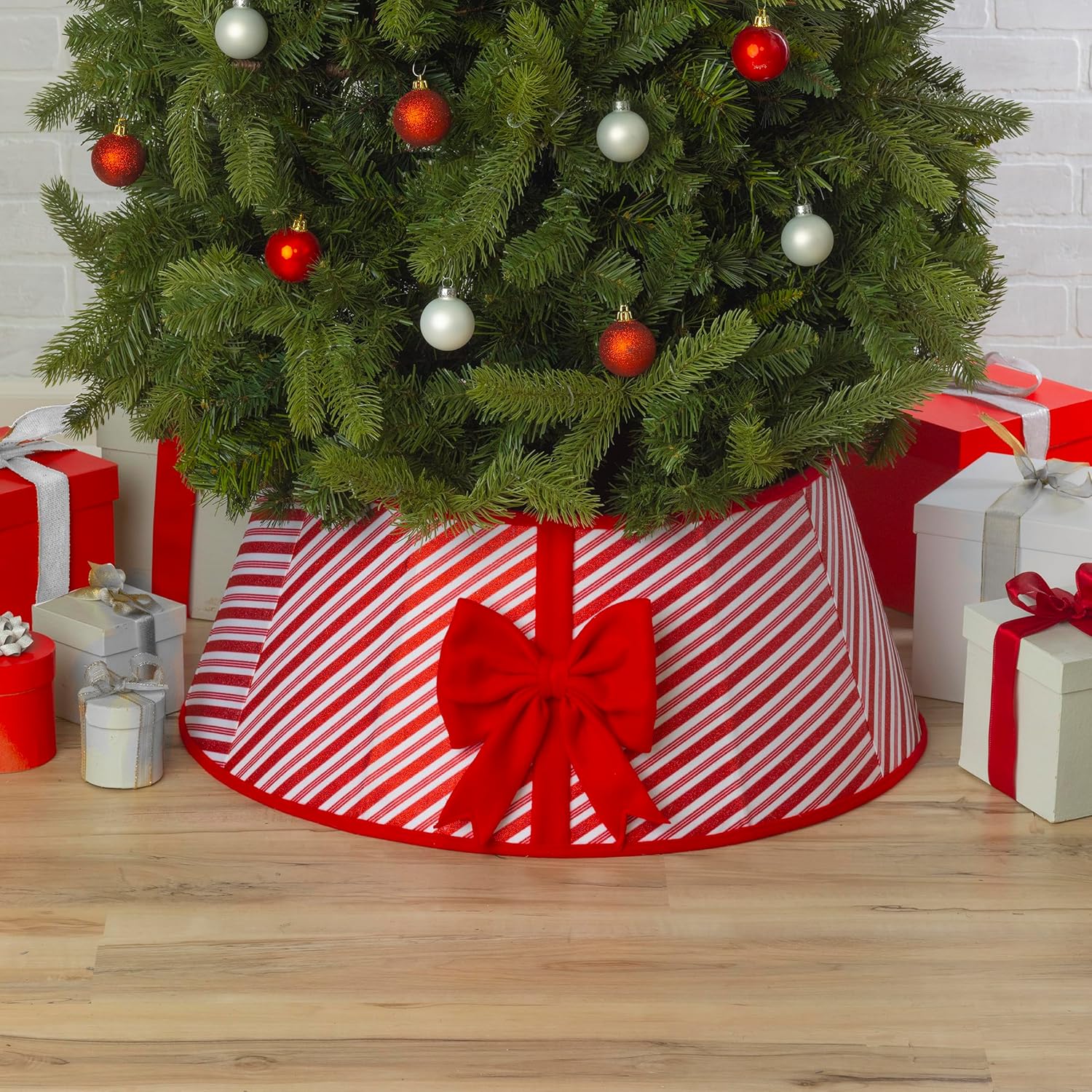 Tree Stands - New Traditions - Christmas Tree Collar Stand Band - White & Red Glitter Candy Cane Stripe Print with Large Red Bow