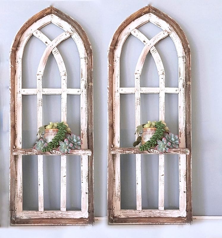2 Cathedral arch window frames, shelf, 36 inch Farmhouse