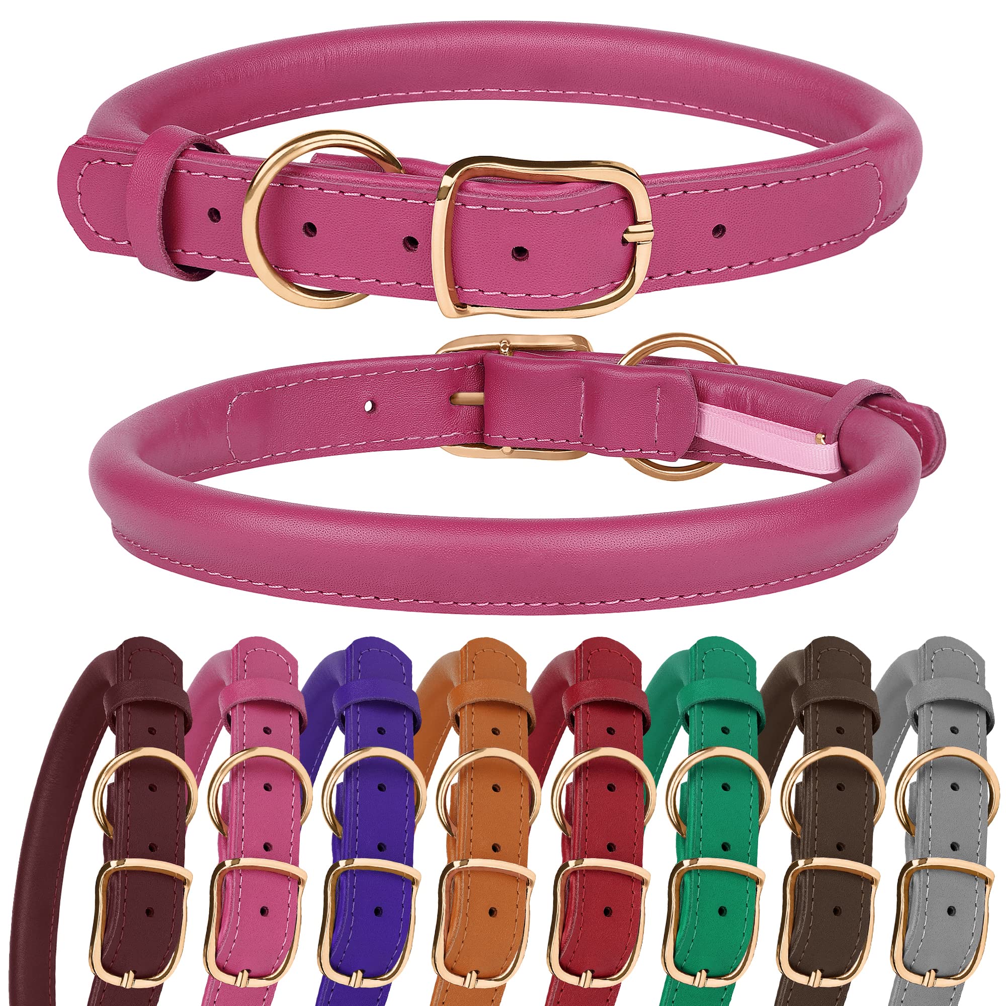MUROM Rolled Leather Dog Collar Durable Round Rope Pet Collars for Small Medium Large Dogs Puppy Pink Purple Green Red Brown Gray (8"-12" Neck Fit, Pink)