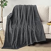PAVILIA Super Soft Fleece Throw Blanket Dark Grey, Luxury Fuzzy Plush Flannel Throw, Warm Cozy Ribbed Microfiber Blanket for Sofa Couch Bed, Lightweight Striped Blanket, Gray, 50x60