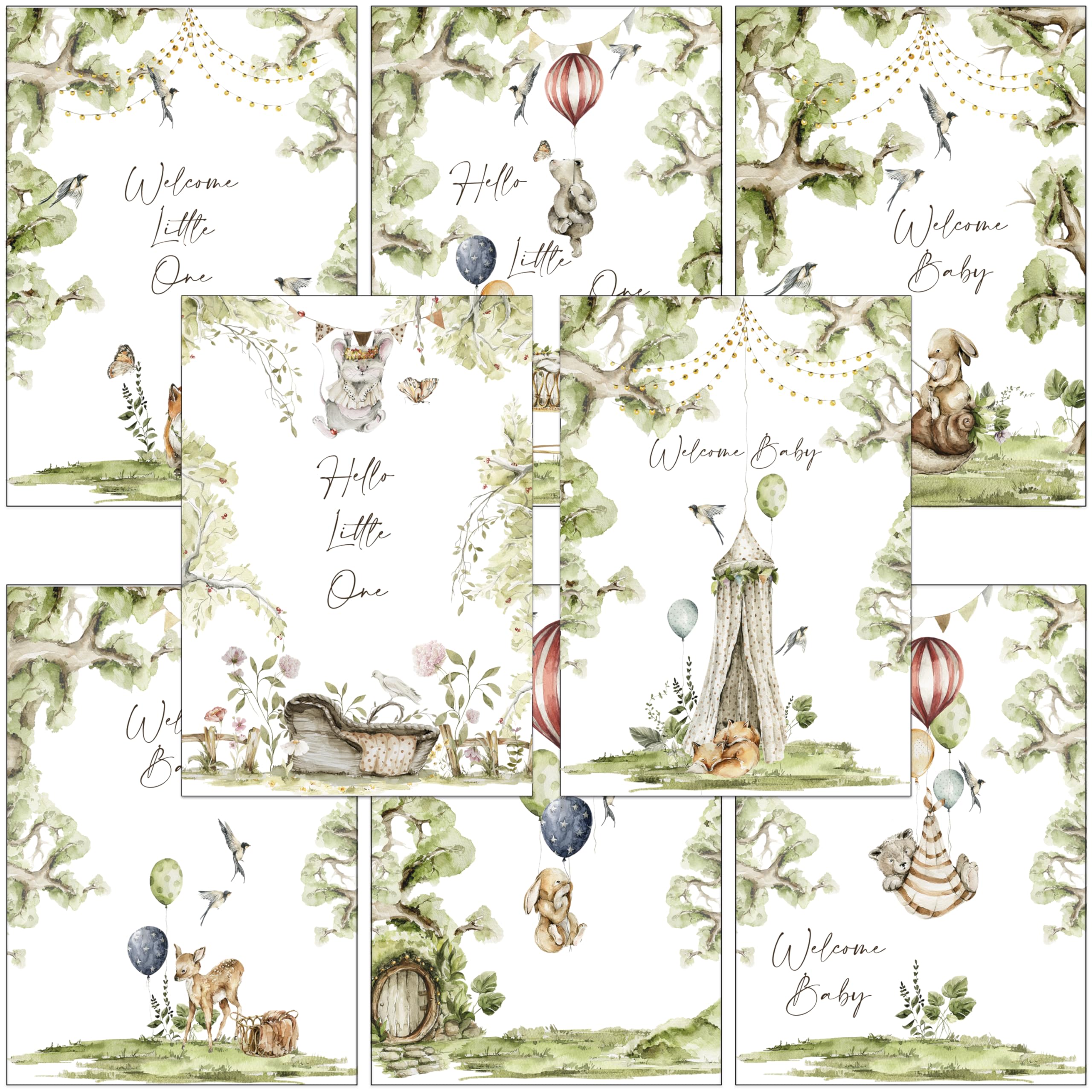 Set of 32 Woodland New Baby/Birth Greeting Cards with 8 Different Designs Boy or Girl Multipack (32 x New Baby)
