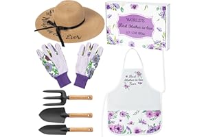 A1diee Mother-in-Law Garden Tool with Box- Rake Transplanter Trowel Straw Hat Planting Gloves Gardening Set Outdoor Horticulture Starter for Best Mother in Law Plant Lover (Purple)