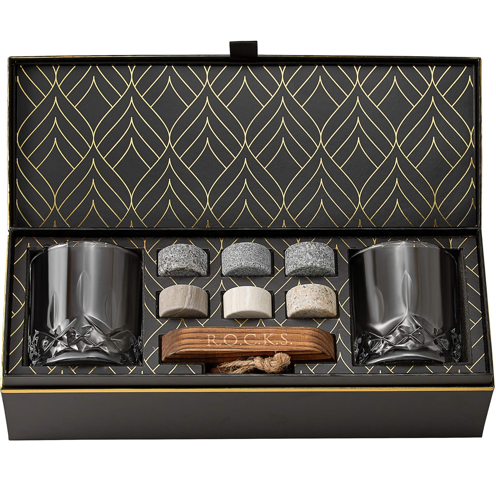 Whiskey Chilling Stones Gift Set - 6 Handcrafted Premium Granite Round Sipping Rocks - 2 Crystal Glass Tumblers - Hardwood Presentation & Storage Tray - Elegant Gold Foil Gift Box by R.O.C.K.S.
