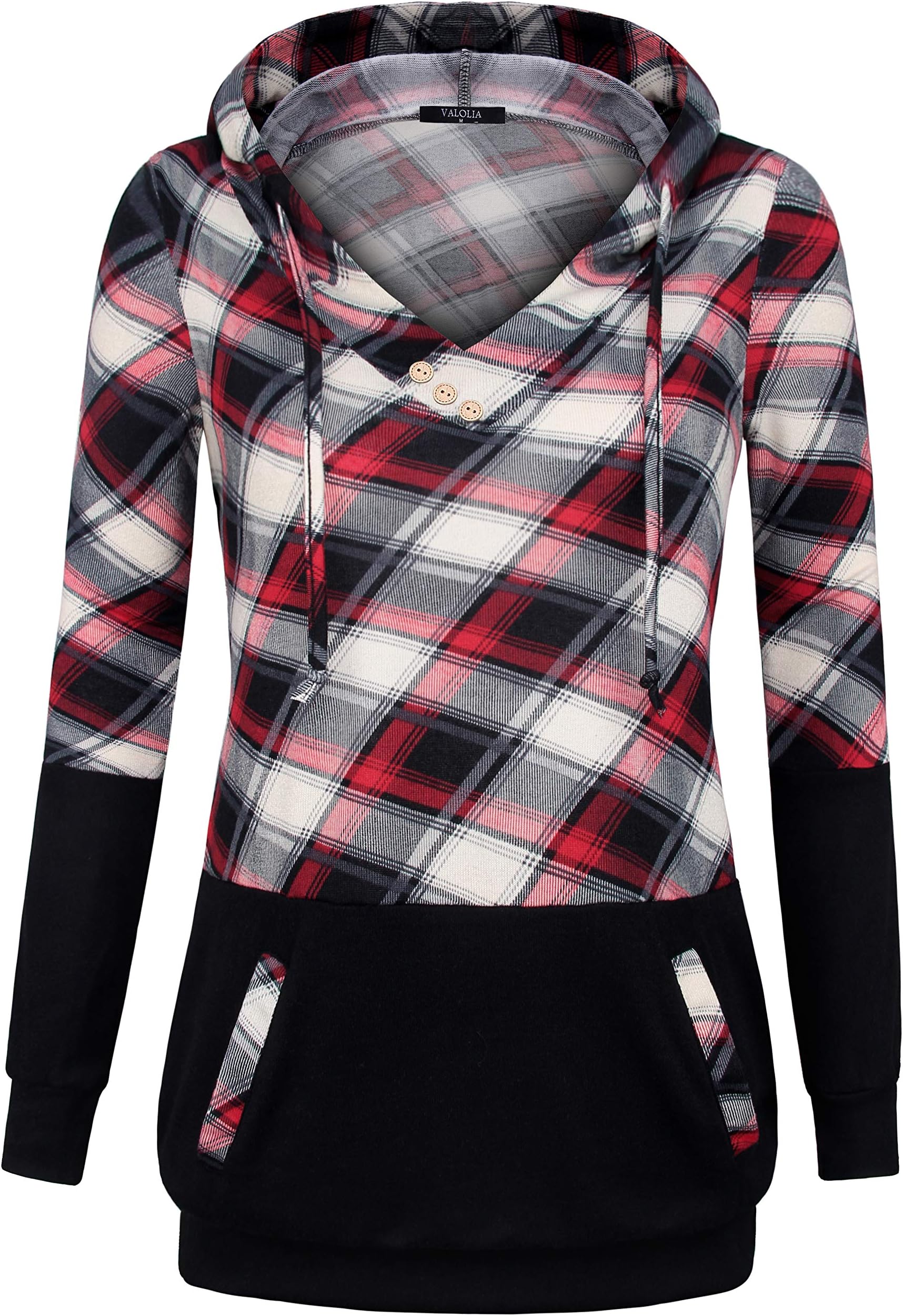Women's Long Sleeve Plaid Pullover Color Block Casual Hooded Sweatshirt with 2 Pockets for Girl