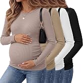Huukeay 4 Pack Women's Cotton Maternity Sweatshirts | Ladies Long Sleeve Ribbed Knit Pregnancy Tops, Side Ruched Crew Neck Fitted Shirts, Stretchy Fall Mama Clothes
