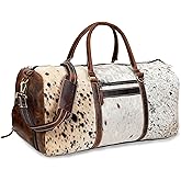 Leather Duffel Bag for Men & Women, Genuine Weekender Travel Bag, Handmade Overnight Gym Bag with Shoulder Strap, Carry-On for Business & Outdoor Travel (Hudson Hair Duffel, Black & White, 22 Inch)