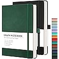 RETTACY Graph Paper Notebook, 2-Pack, A5 Grid Notebook Journal with 192 Pages per Pack, 5.7'' × 8.3'', Medium Size, Leather Hardcover, 100 GSM Thick Paper, for Math, Engineering (Black & Dark Green)