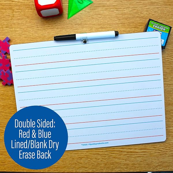 FLIPSIDE PRODUCTS 9″ X 12″ TWO SIDED DRY ERASE RED & BLUE RULED WITH ATTACHED MARKER, LEARN TO WRITE, LINED FOR WRITING PRACTICE, PACK OF 12