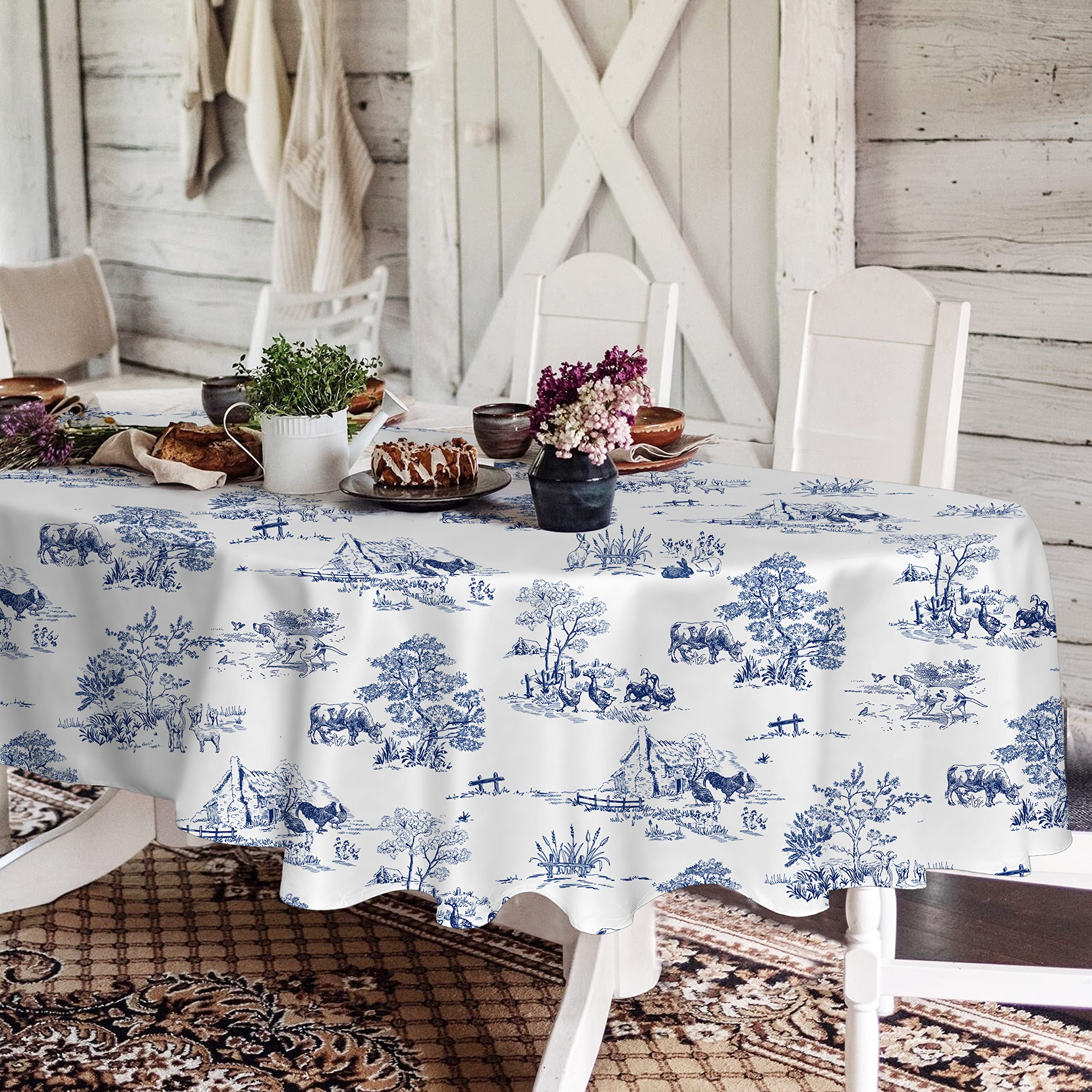 Rustic Oval Tablecloth 60x84 Inch,Blue and White Country Tablecloth Classic French Village Print Polyester Waterproof Table cloth for Farmhouse Kitchen Decor/Indoor and Outdoor Tables/Parties/Picnics