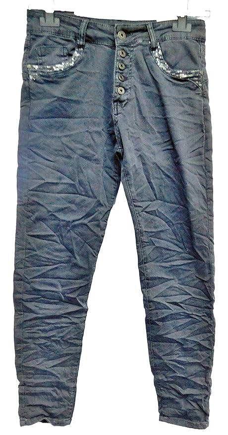 Karostar Itamaska Damen Chinohose Stretch Jeans Hose Jeans-Look Röhren grau Glitzer XS