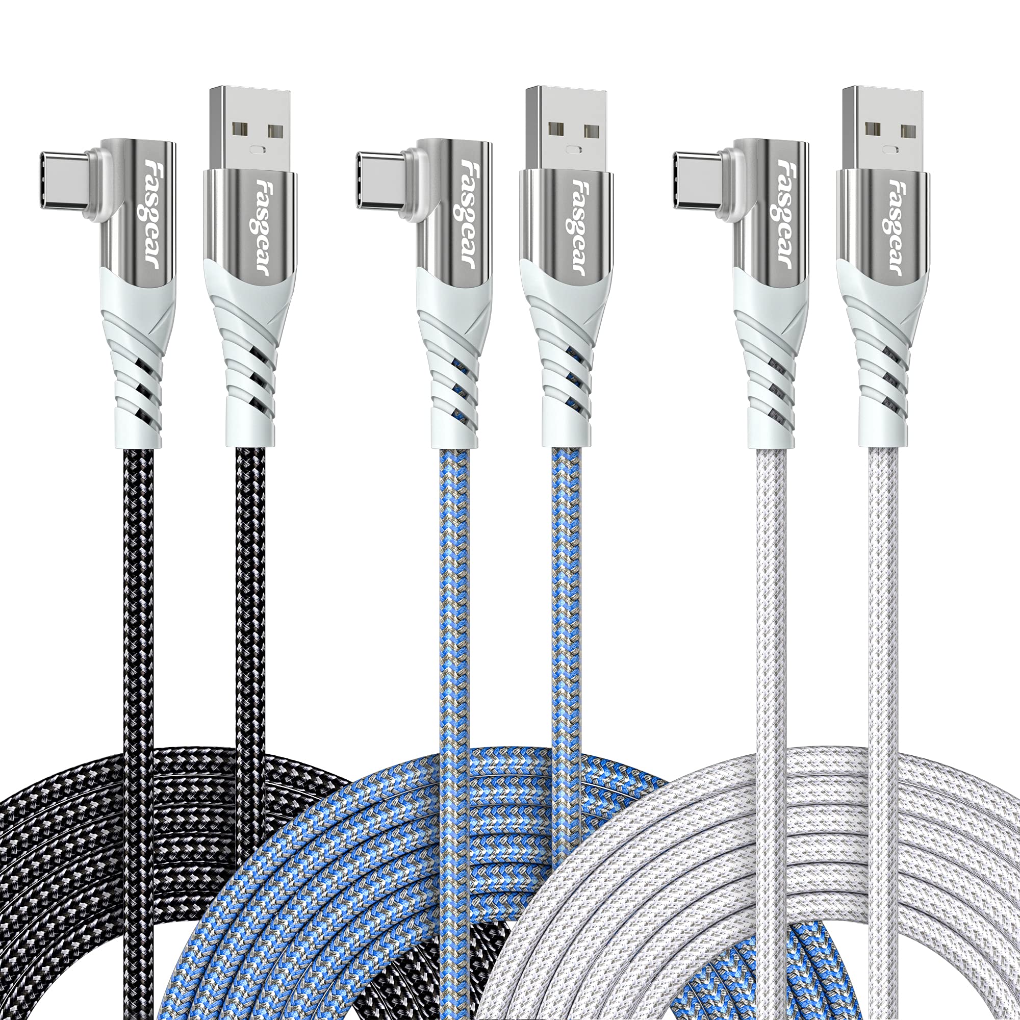 Fasgear USB C 90 Degree Cable: Right Angle Type C Fast Charging Cord Compatible with Sam-sung Galaxy S24 S10 plus S9 S8 A51 | Hua-wei P30 P20 (10ft, Black/Blue/White)
