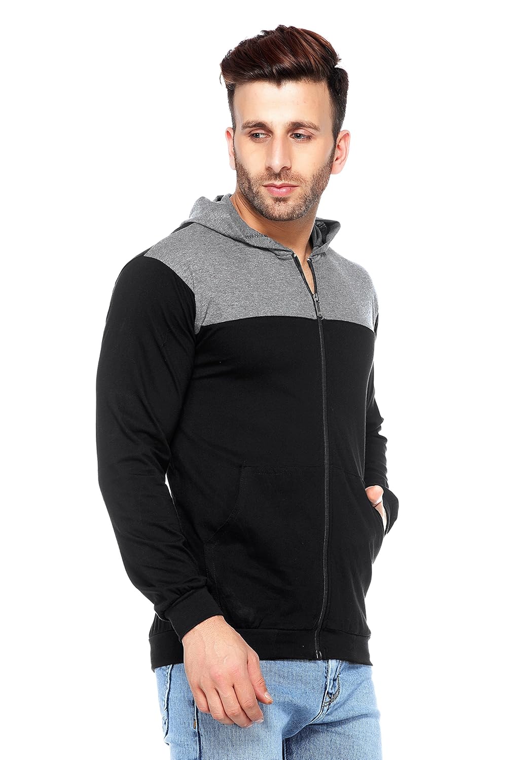v3squared men's cotton full sleeve zipper hooded t-shirt
