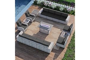Muphyers 16-Piece Outdoor Patio Furniture Set with Rocking Swivel Chair, PE Wicker Rattan Sectional Sofa Patio Conversation Set with 55,000 BTU Fire Pit Table & Coffee Table, Dark Grey